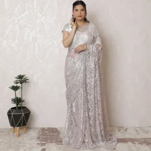 Silver-Toned, Light lavender French Metallic Chantilly Lace Saree, Delicate Stone Work, 110cm Width, 5.5m Length - Ethereal White (Blouse Not Included)-D17946