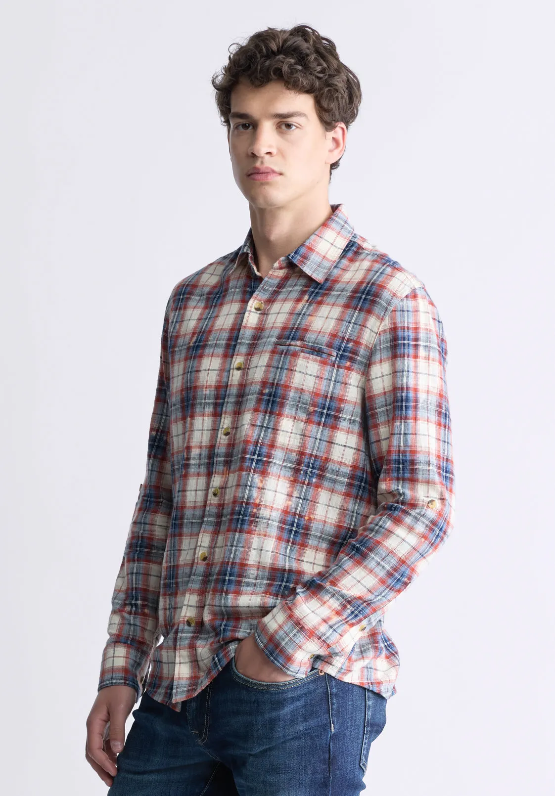 Simbio Men's Long-Sleeve Plaid Shirt, Beige, Blue & Red - BM24429