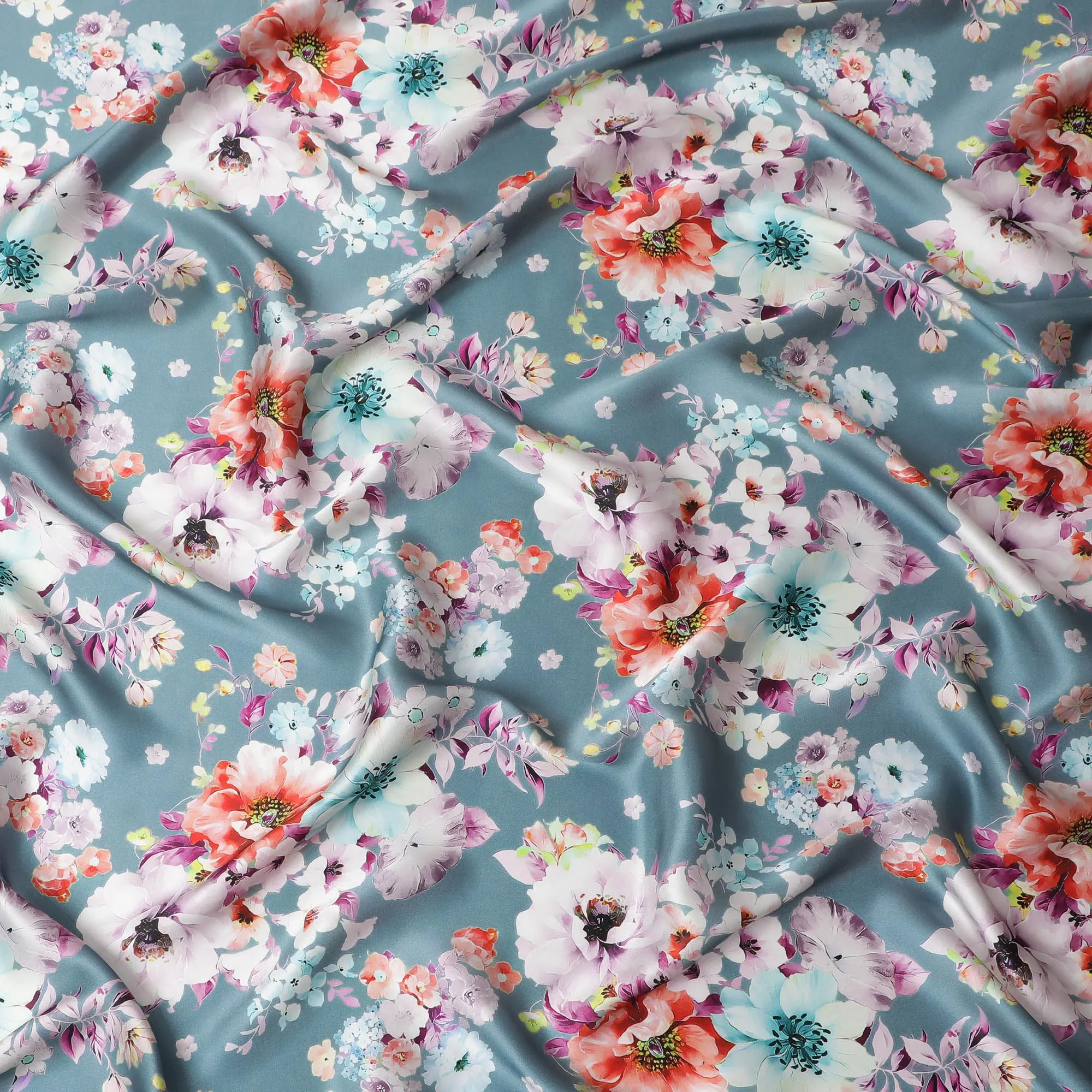 Sophisticated Dusty Blue Italian Pure Silk Satin Fabric with Vivid Floral Print, 140cm Wide - Timeless Fashion Canvas-D18710