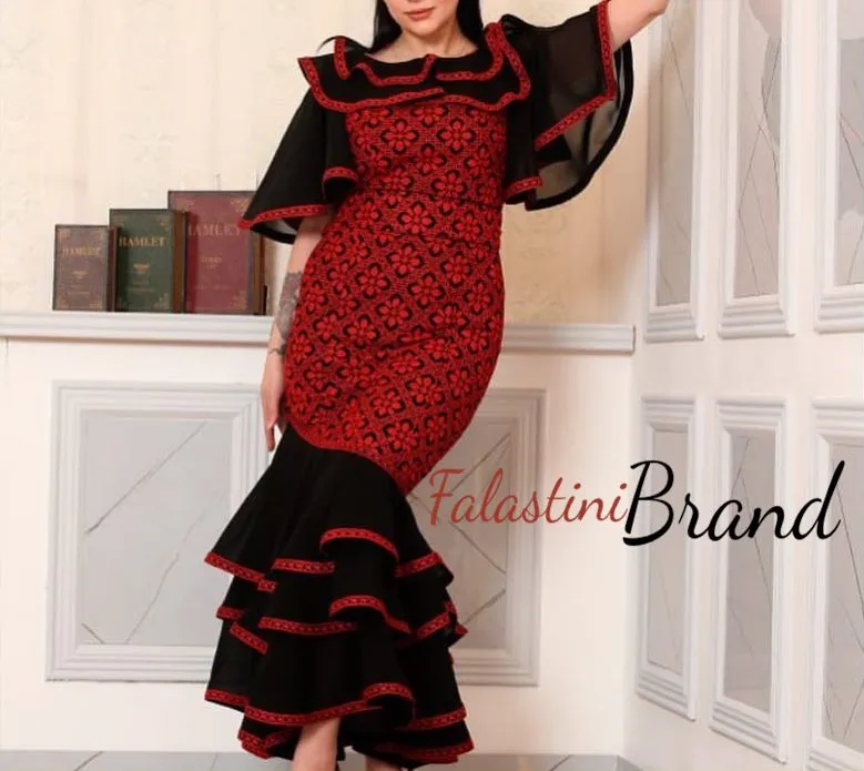 Spanion Style Black and Red Amazing Palestinian Embroidered Long Dress