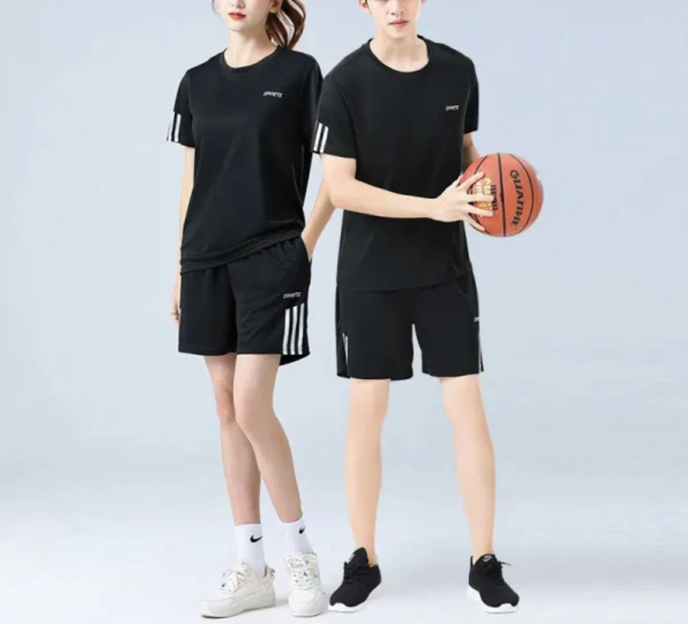 Sporty Black Men's Two-Piece Set Striped SS Round Neck & Shorts