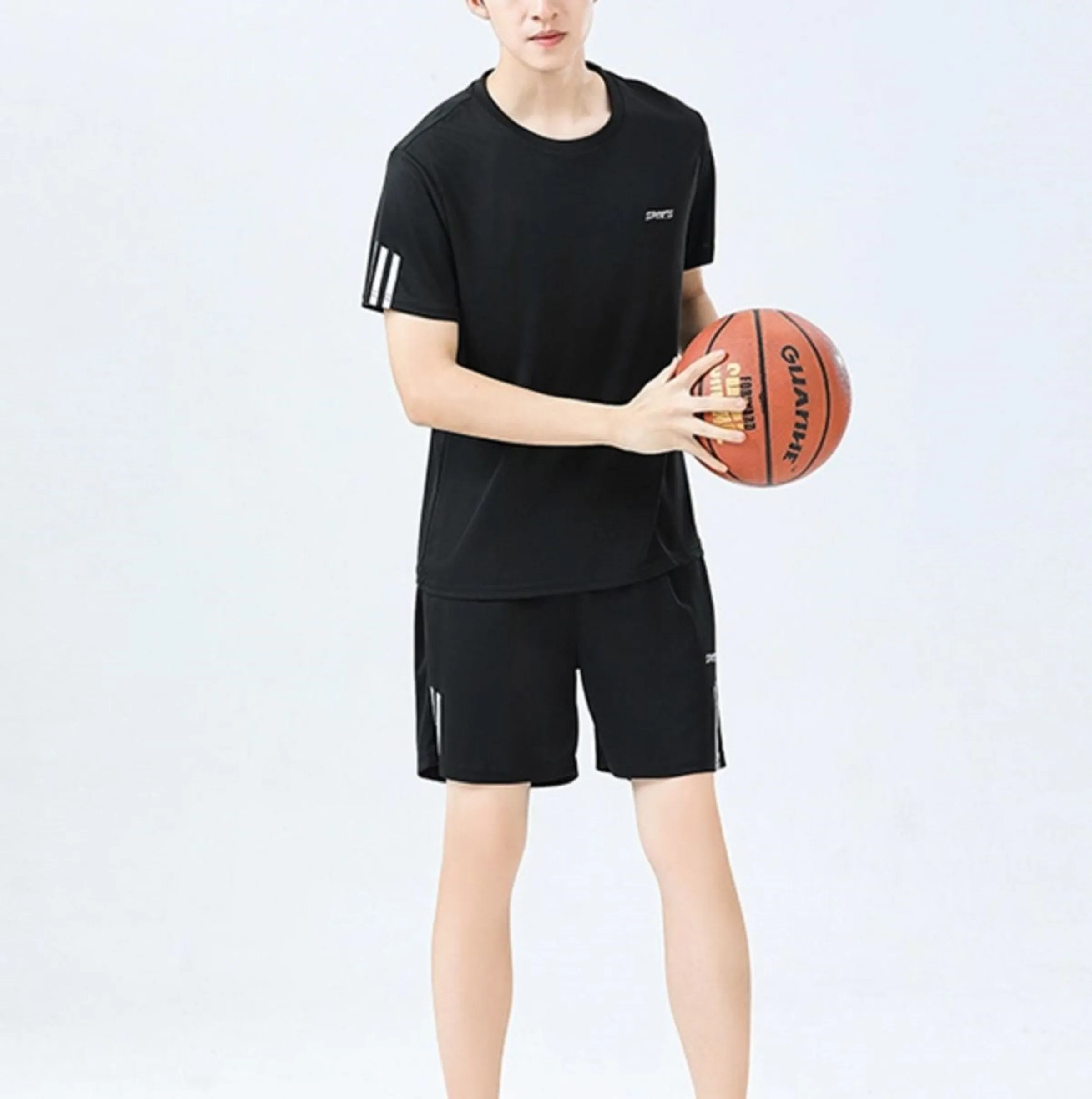 Sporty Black Men's Two-Piece Set Striped SS Round Neck & Shorts