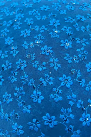 Stunning Blue Chikankari Georgette Fabric with Intricate Embroidery