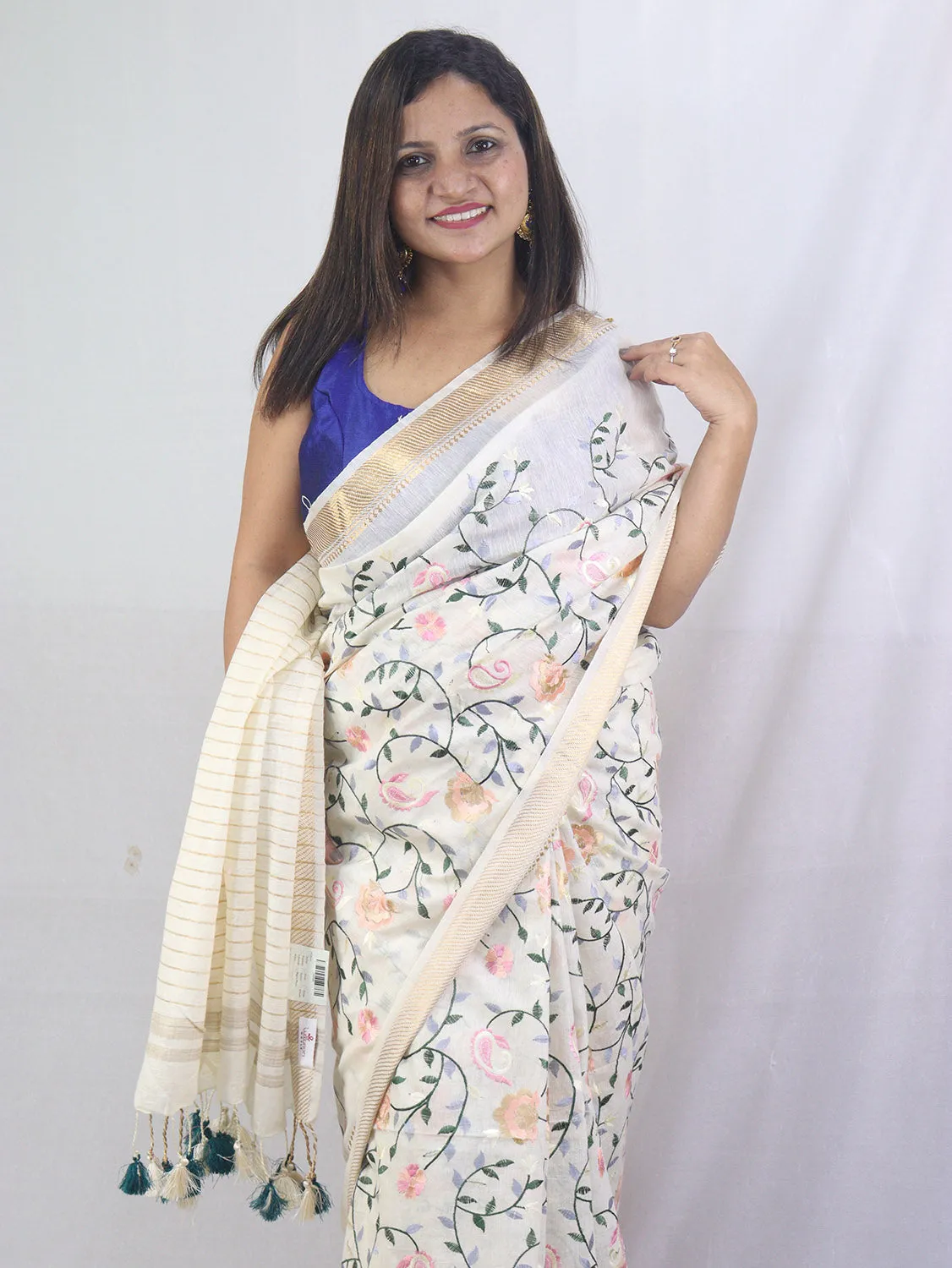 Stunning Pastel Linen Silk Saree with Intricate Embroidery