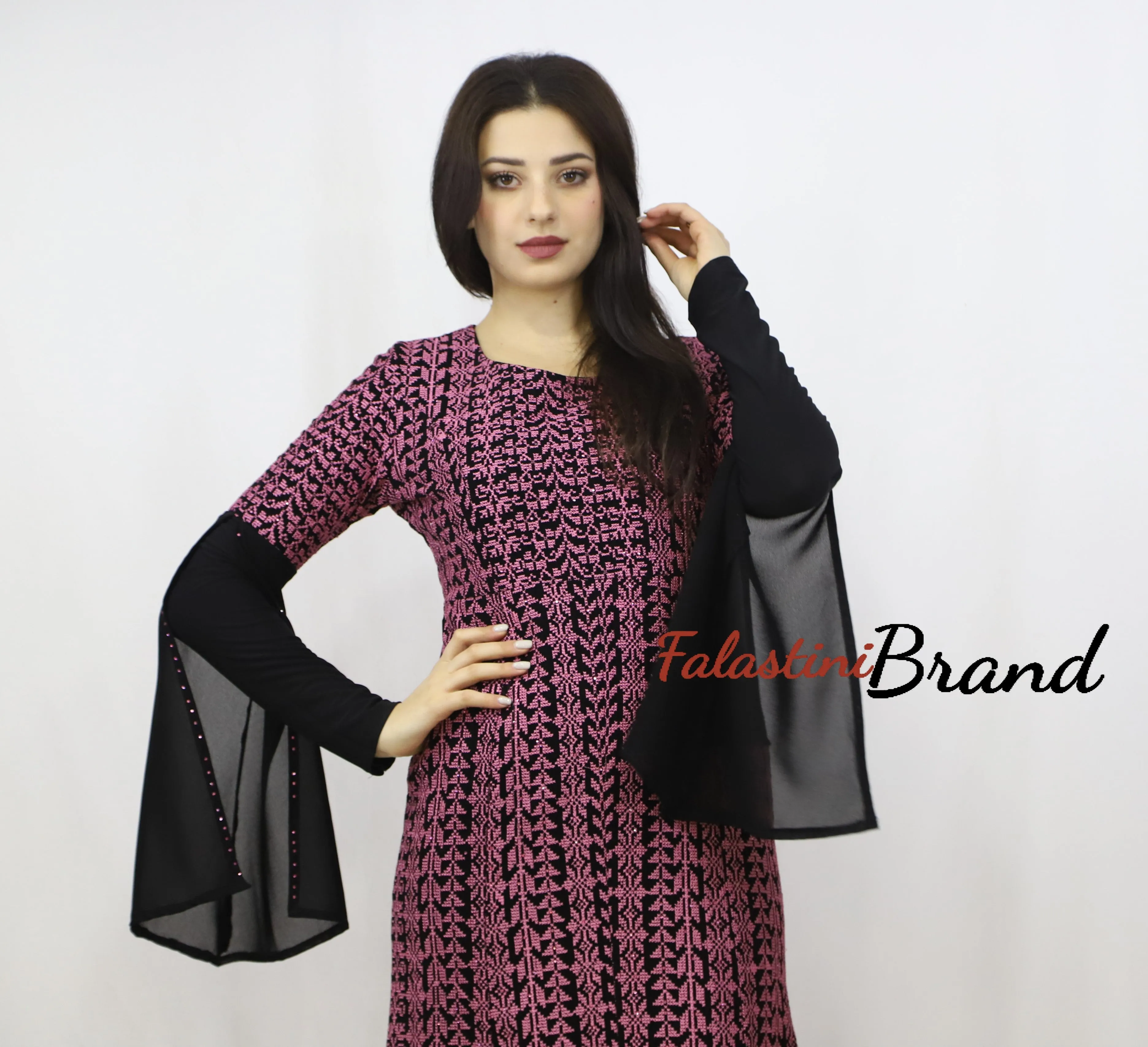 Stylish Fish Cut Black and Pink Palestinian Embroidered Dress