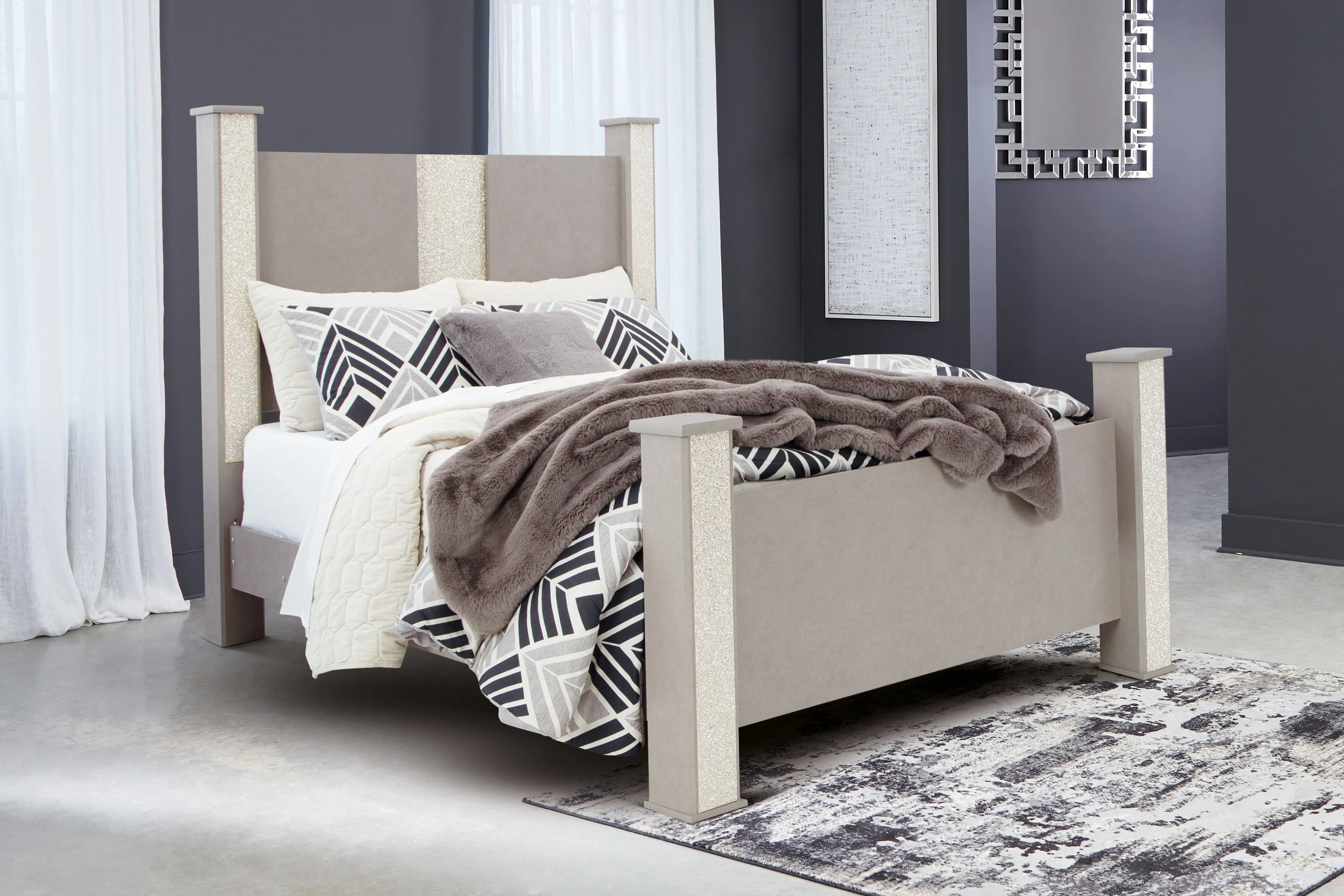 Surancha Queen Poster Bed with Mirrored Dresser in Gray