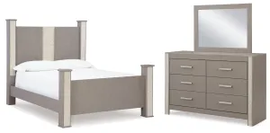 Surancha Queen Poster Bed with Mirrored Dresser in Gray