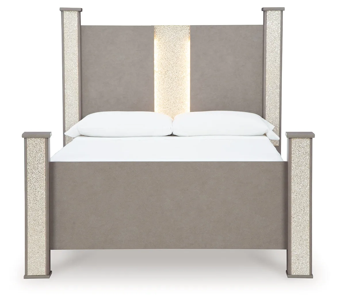 Surancha Queen Poster Bed with Mirrored Dresser in Gray