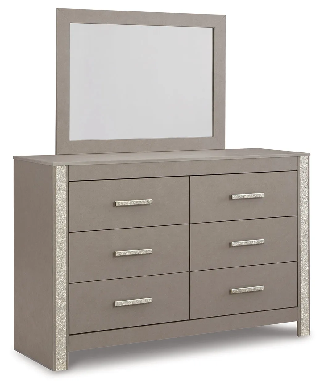 Surancha Queen Poster Bed with Mirrored Dresser in Gray