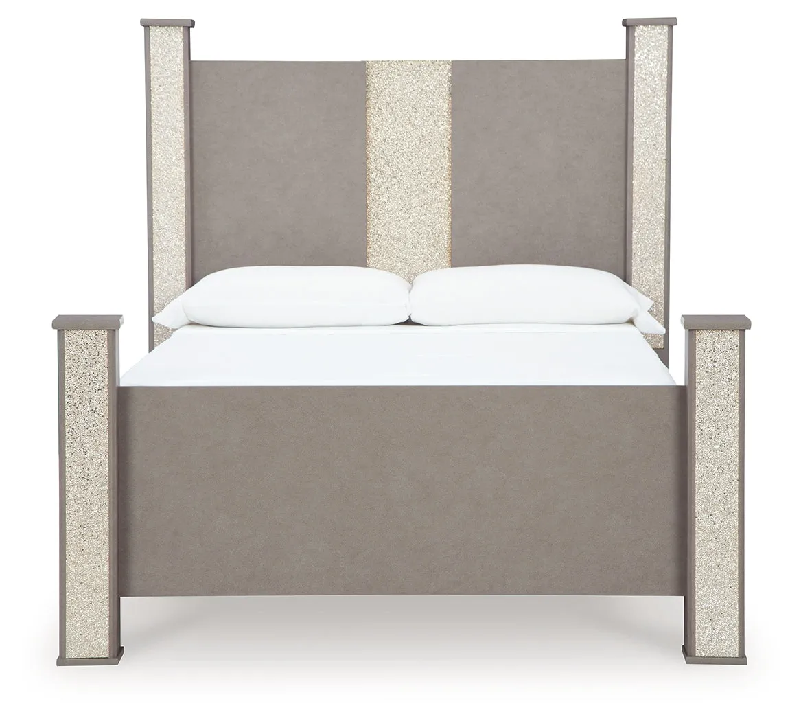 Surancha Queen Poster Bed with Mirrored Dresser in Gray