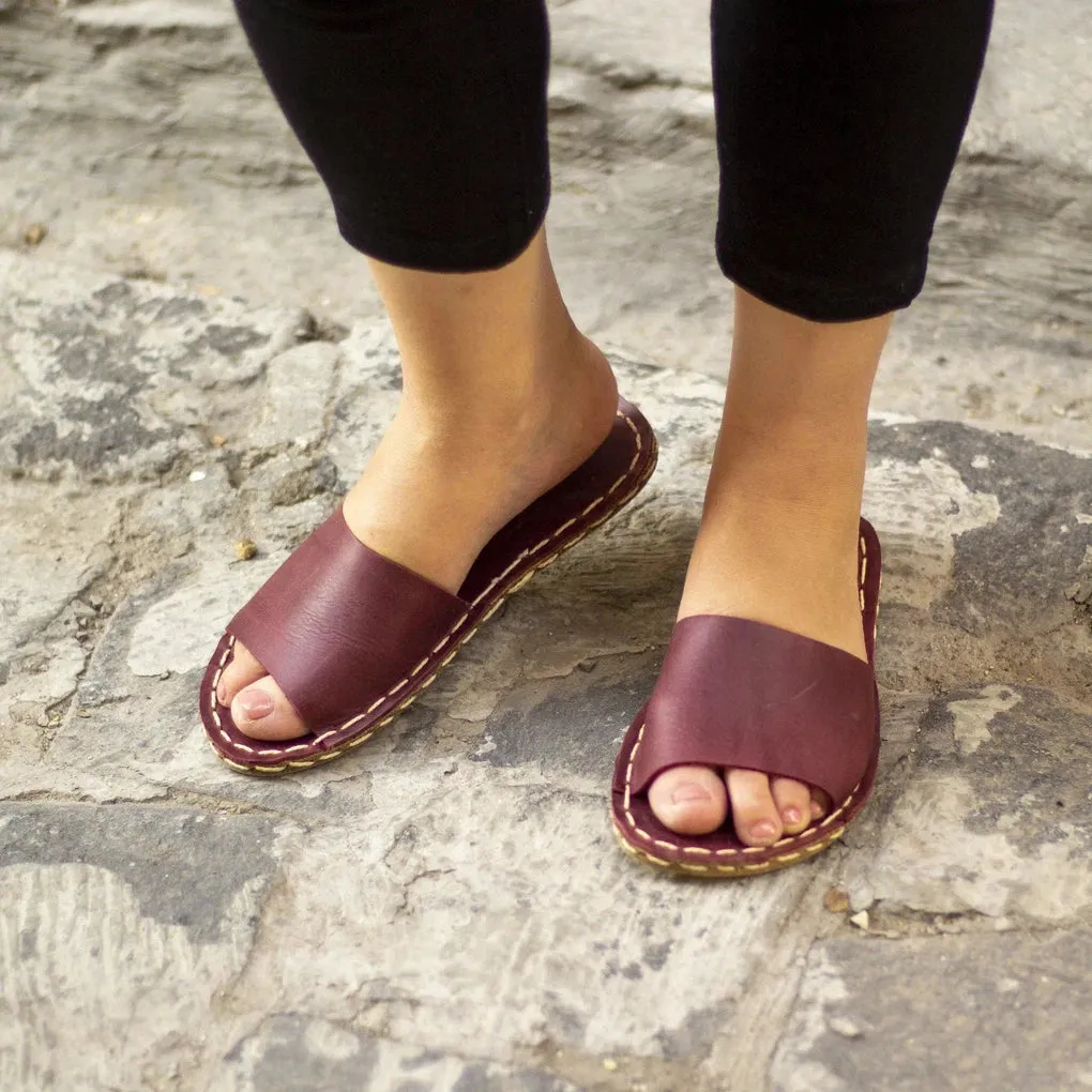 Tape Handmade Burgundy Leather Slippers for Women