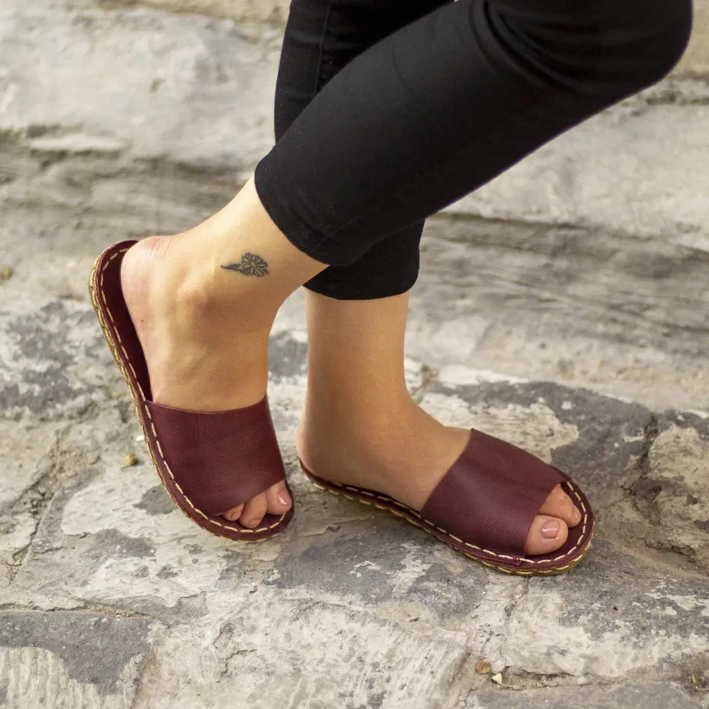 Tape Handmade Burgundy Leather Slippers for Women