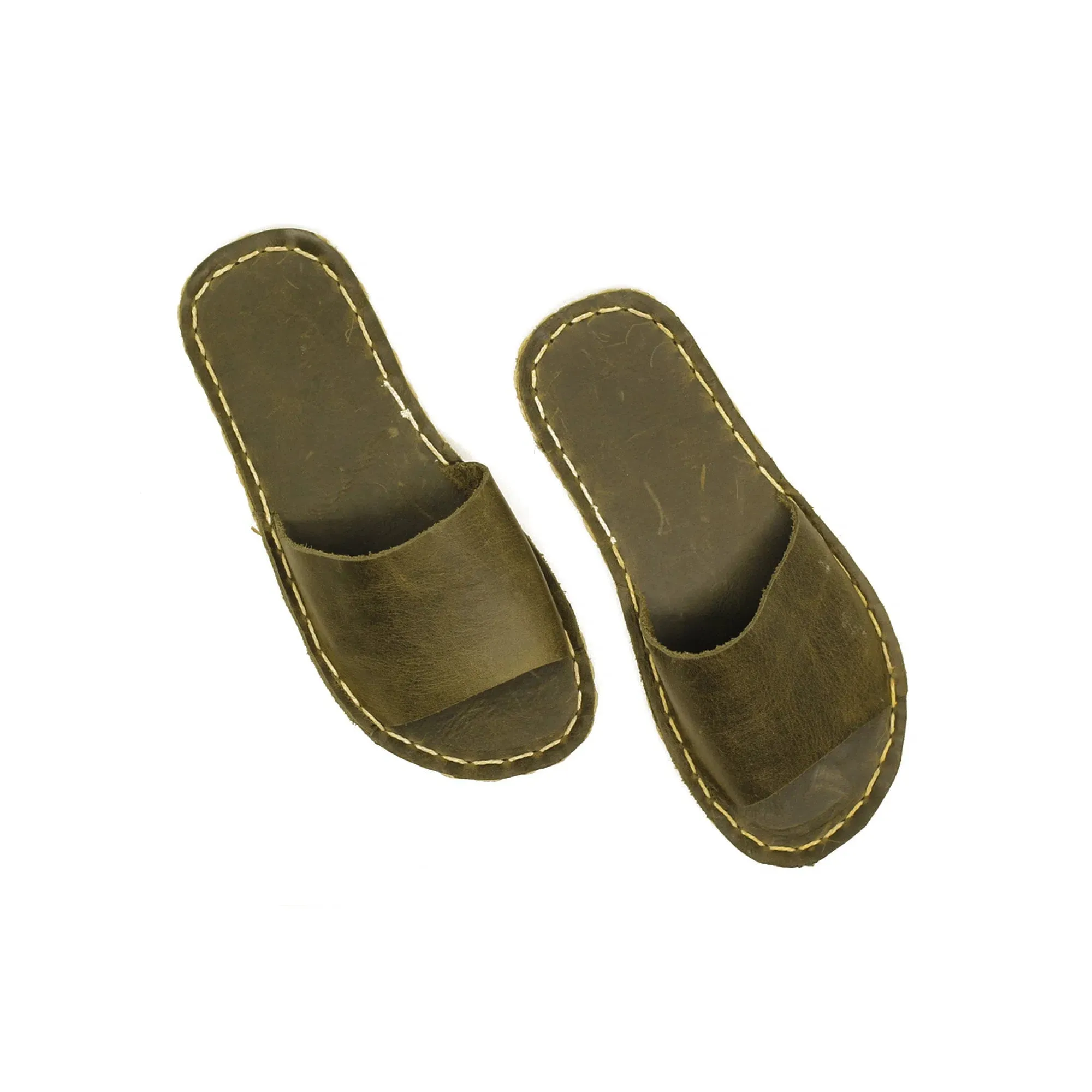 Tape Handmade Olive Green Leather Slippers for Women