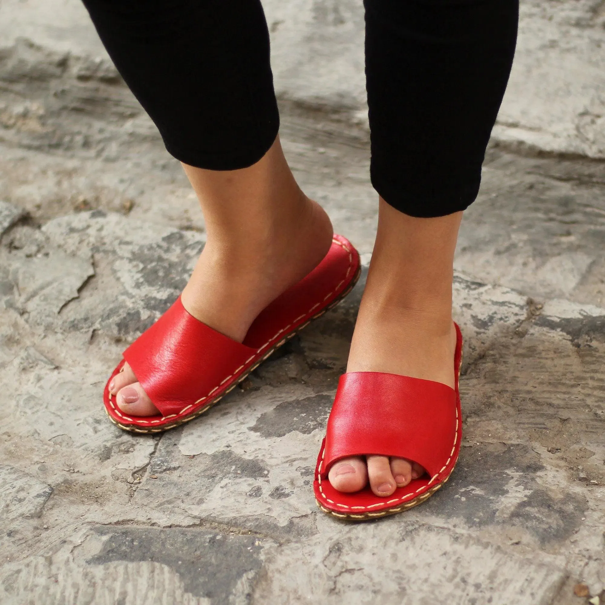 Tape Handmade Red Leather Slippers for Women