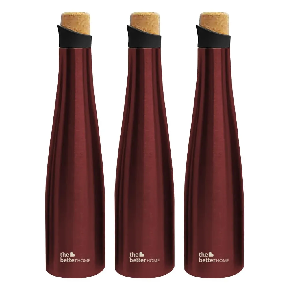 The Better Home Insulated Stainless Steel Water Bottle with Cork Cap | 18 Hours Insulation | Pack of 3-750ml Each | Hot Cold Water for Office School Gym | Leak Proof & BPA Free | Wine Colour