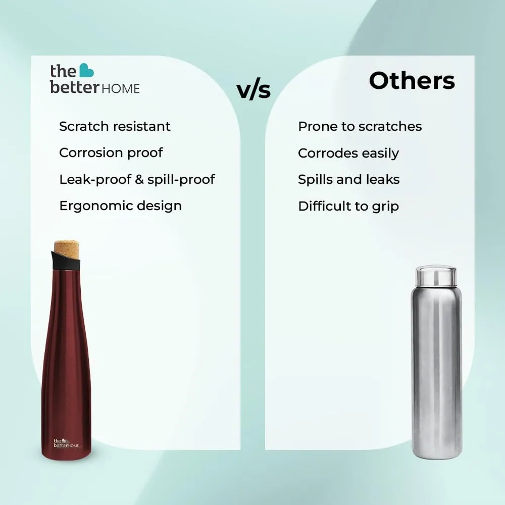 The Better Home Insulated Stainless Steel Water Bottle with Cork Cap | 18 Hours Insulation | Pack of 3-750ml Each | Hot Cold Water for Office School Gym | Leak Proof & BPA Free | Wine Colour