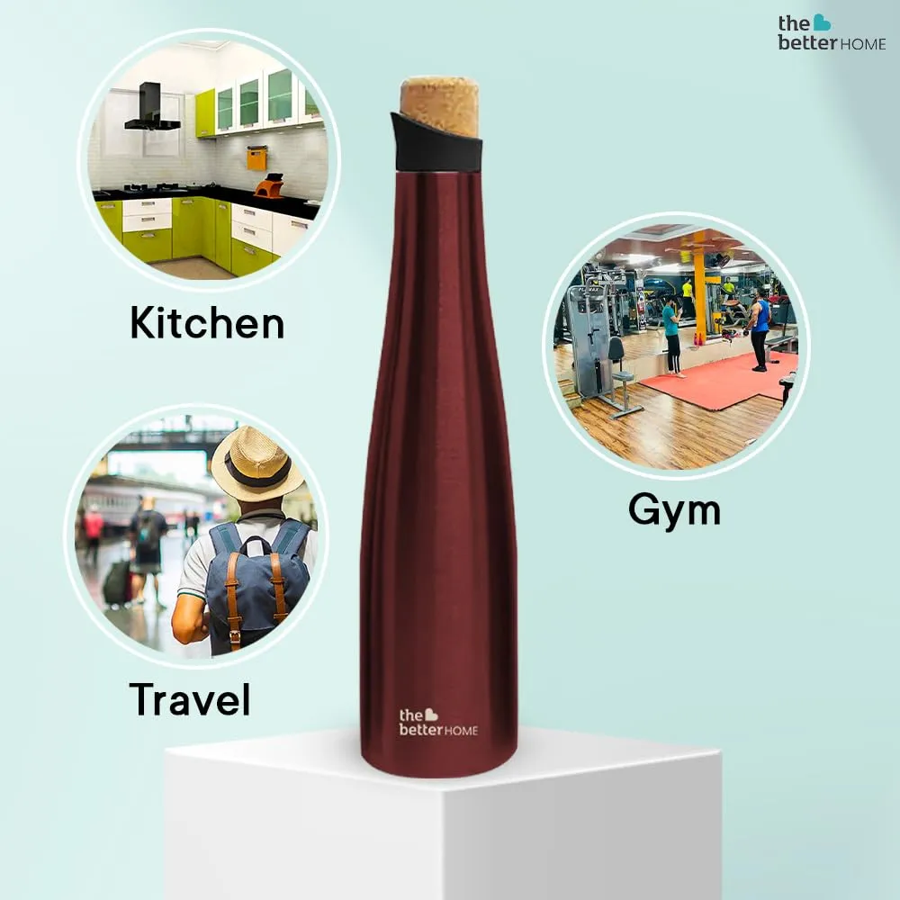 The Better Home Insulated Stainless Steel Water Bottle with Cork Cap | 18 Hours Insulation | Pack of 3-750ml Each | Hot Cold Water for Office School Gym | Leak Proof & BPA Free | Wine Colour