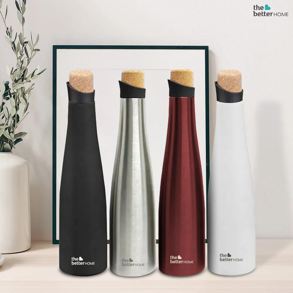 The Better Home Insulated Stainless Steel Water Bottle with Cork Cap | 18 Hours Insulation | Pack of 3-750ml Each | Hot Cold Water for Office School Gym | Leak Proof & BPA Free | Wine Colour