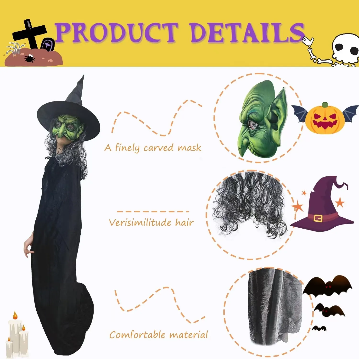 TQJOUJOU Halloween Witch Costumes for Women, 3PCS Set Halloween Party Women Capes, Scary Green Creepy Old Hag Mask with Hat and Cloak Cosplay Dress-up, Horror Wizard Dress Up for Adult