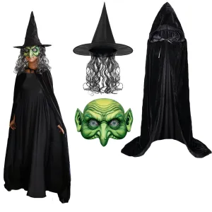 TQJOUJOU Halloween Witch Costumes for Women, 3PCS Set Halloween Party Women Capes, Scary Green Creepy Old Hag Mask with Hat and Cloak Cosplay Dress-up, Horror Wizard Dress Up for Adult