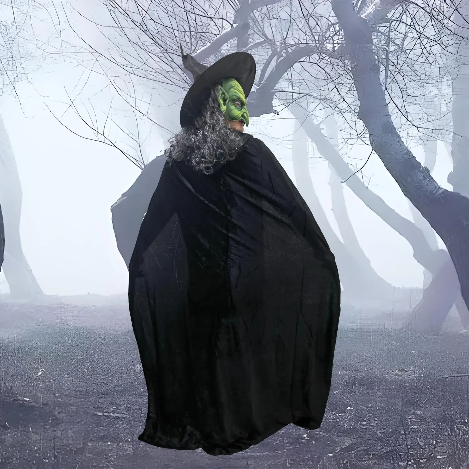 TQJOUJOU Halloween Witch Costumes for Women, 3PCS Set Halloween Party Women Capes, Scary Green Creepy Old Hag Mask with Hat and Cloak Cosplay Dress-up, Horror Wizard Dress Up for Adult