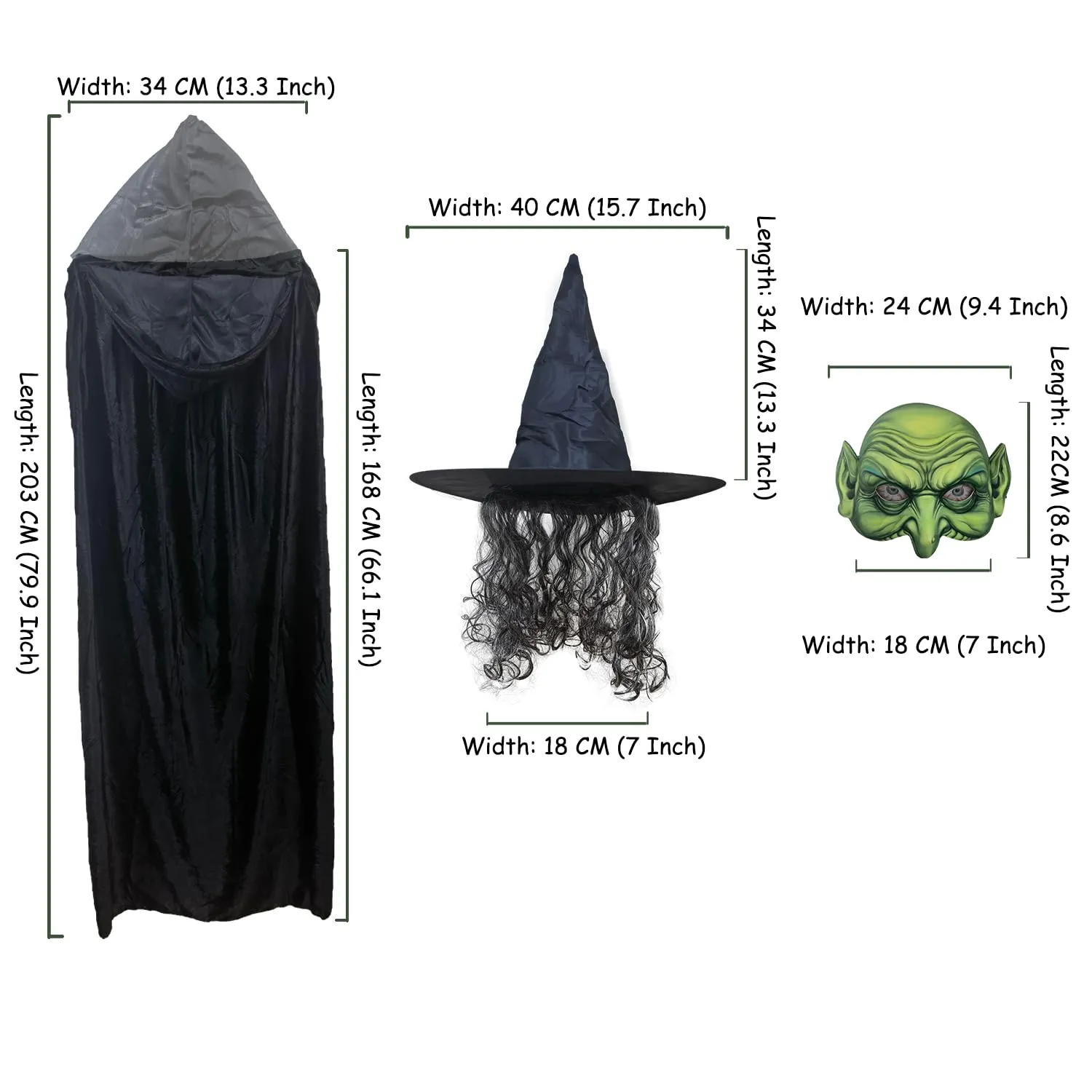 TQJOUJOU Halloween Witch Costumes for Women, 3PCS Set Halloween Party Women Capes, Scary Green Creepy Old Hag Mask with Hat and Cloak Cosplay Dress-up, Horror Wizard Dress Up for Adult