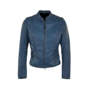 Women’s Winter Retro Blue Biker Genuine Sheepskin Leather Jacket