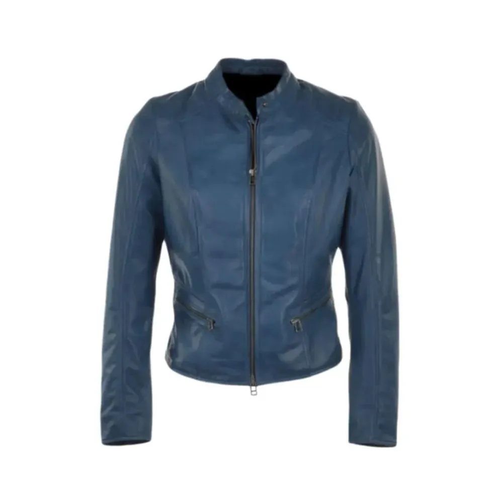 Women’s Winter Retro Blue Biker Genuine Sheepskin Leather Jacket