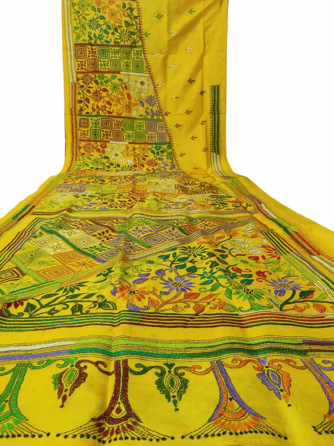 Yellow Hand Embroidered Kantha Work Bangalore Silk Saree