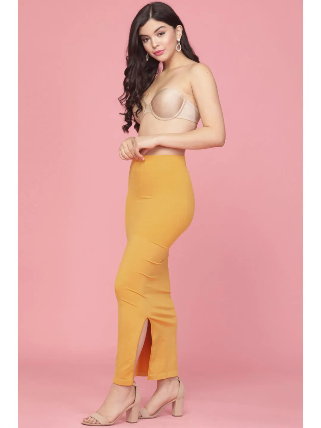 Yellow Nylon Spandex Side Slit Saree Shapewear